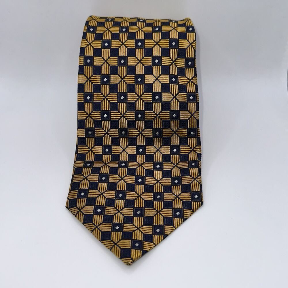 J.Z. Richards Reichardt's Silk Tie Geometric Gold Navy Handmade USA OS Excellent